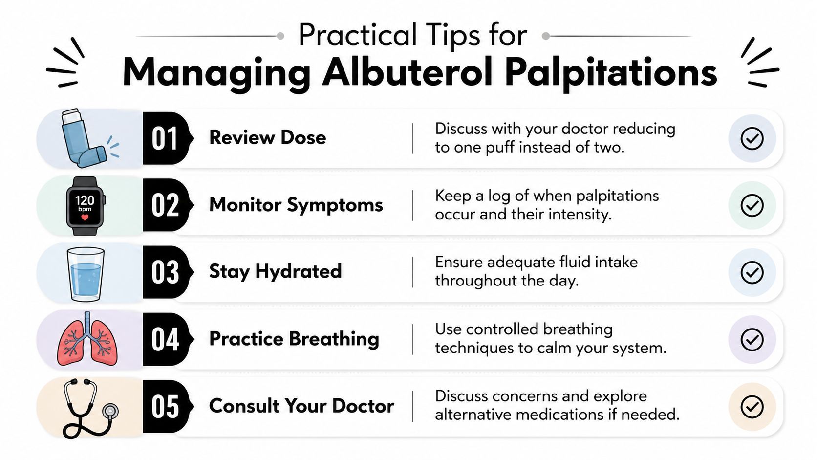 An infographic detailing five practical tips for managing heart palpitations caused by using an albuterol inhaler.
