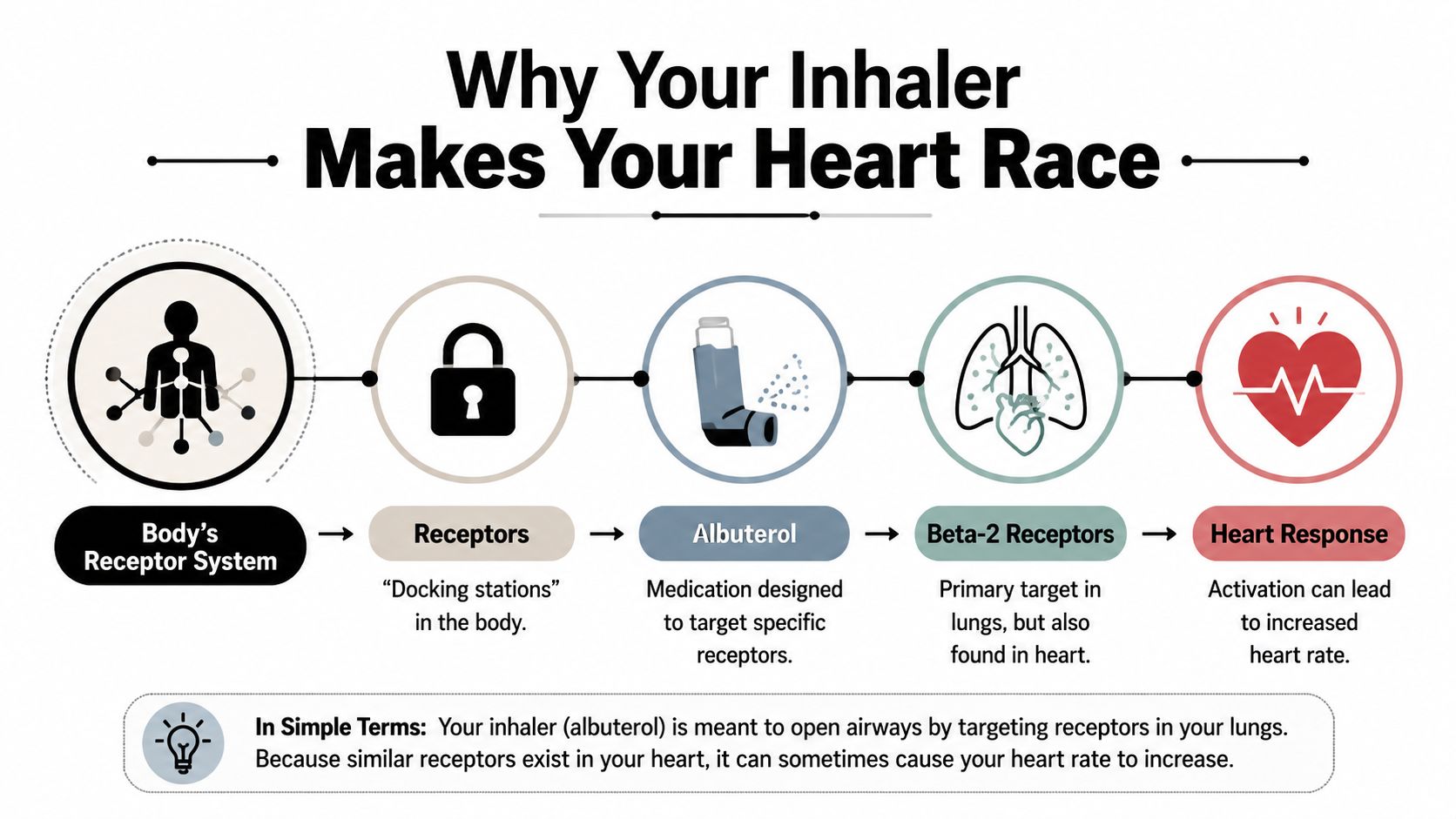 A diagram explaining why albuterol inhalers can cause increased heart rate by targeting receptors in the body.