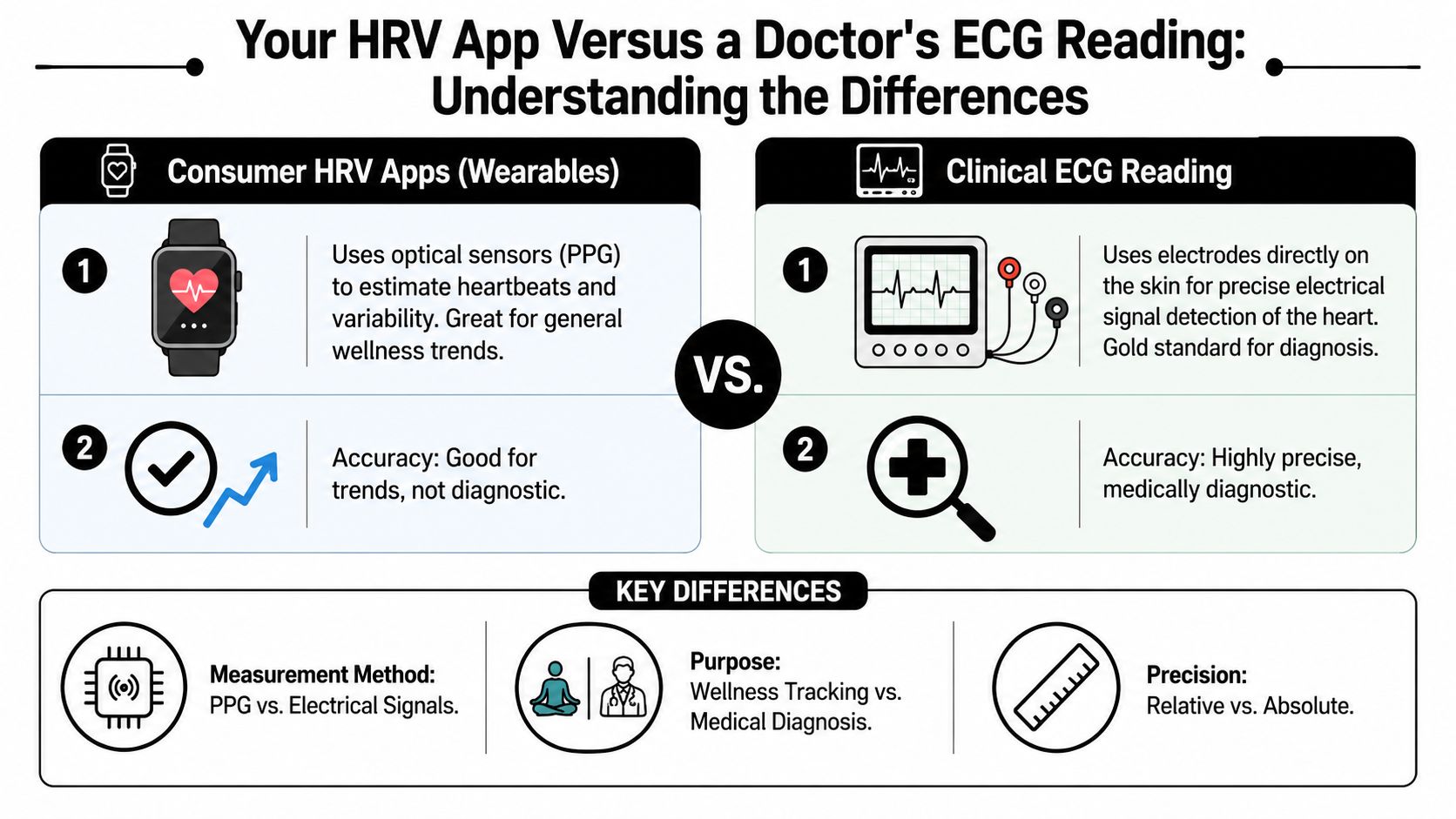 A comparison infographic between consumer HRV wearable apps and clinical ECG readings for heart health monitoring.