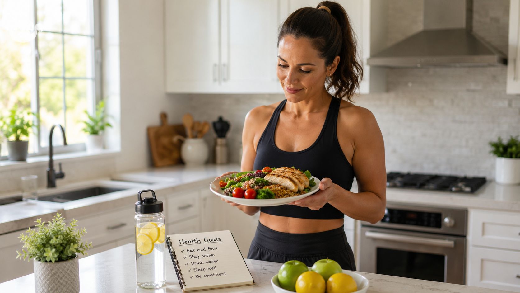 A healthy woman in athletic wear holding a nutritious plate of grilled chicken and vegetables in her kitchen.