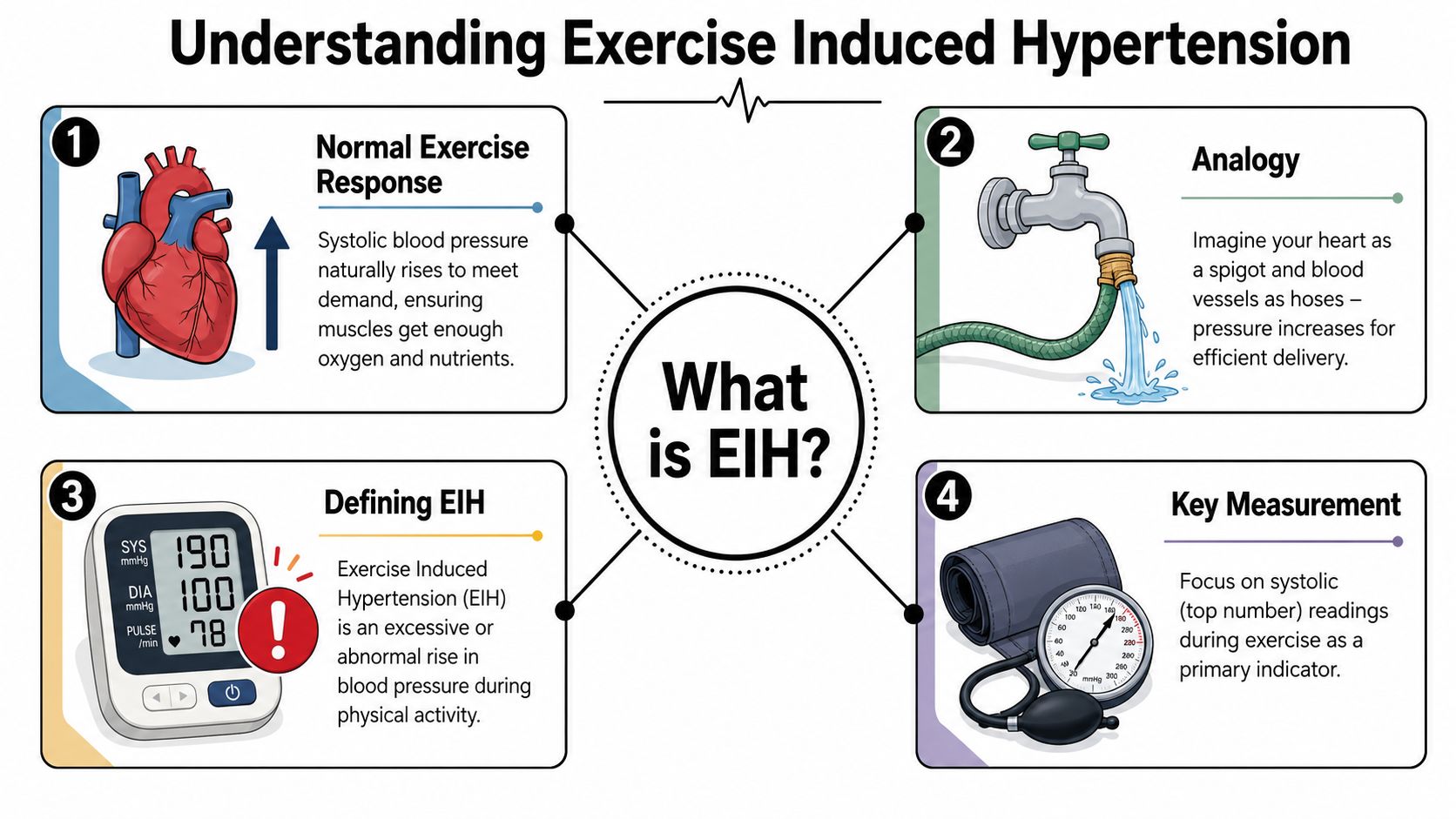 An infographic titled Understanding Exercise Induced Hypertension illustrating the causes, definition, and measurements for the condition.