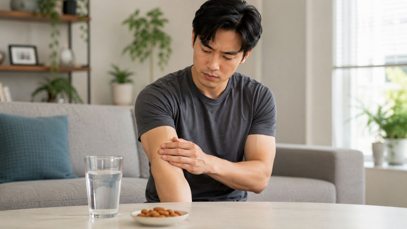 A man rubbing his arm while sitting at a table with a glass of water and almonds.