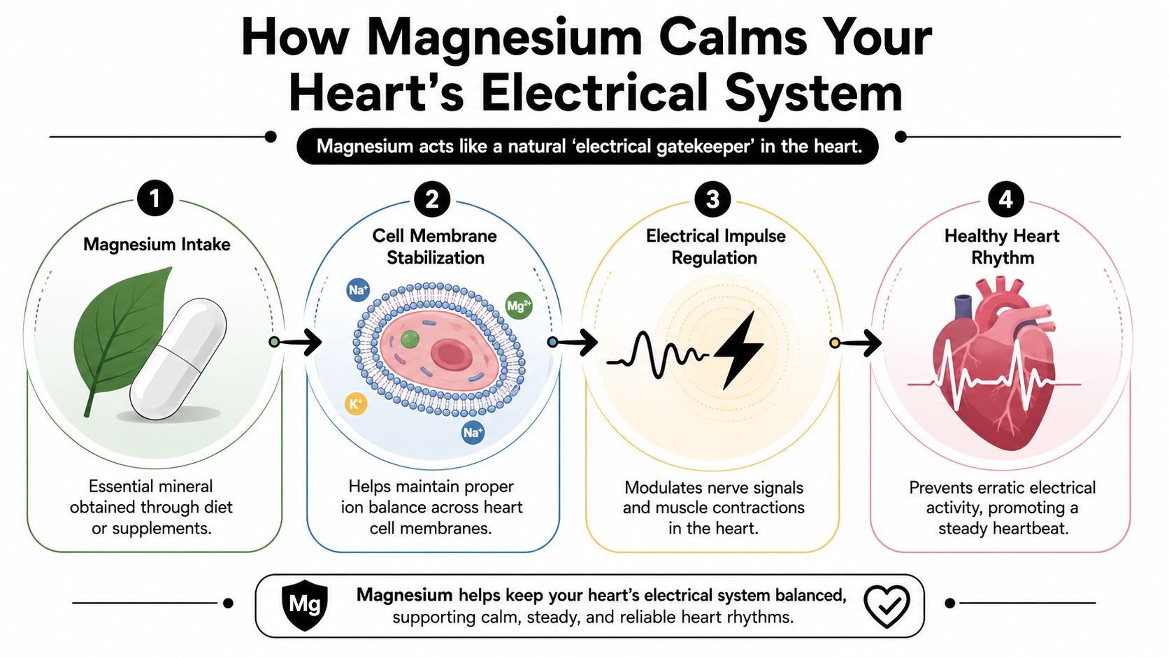 A diagram explaining how magnesium intake supports cell membrane stability and regulates heart electrical activity for rhythm.