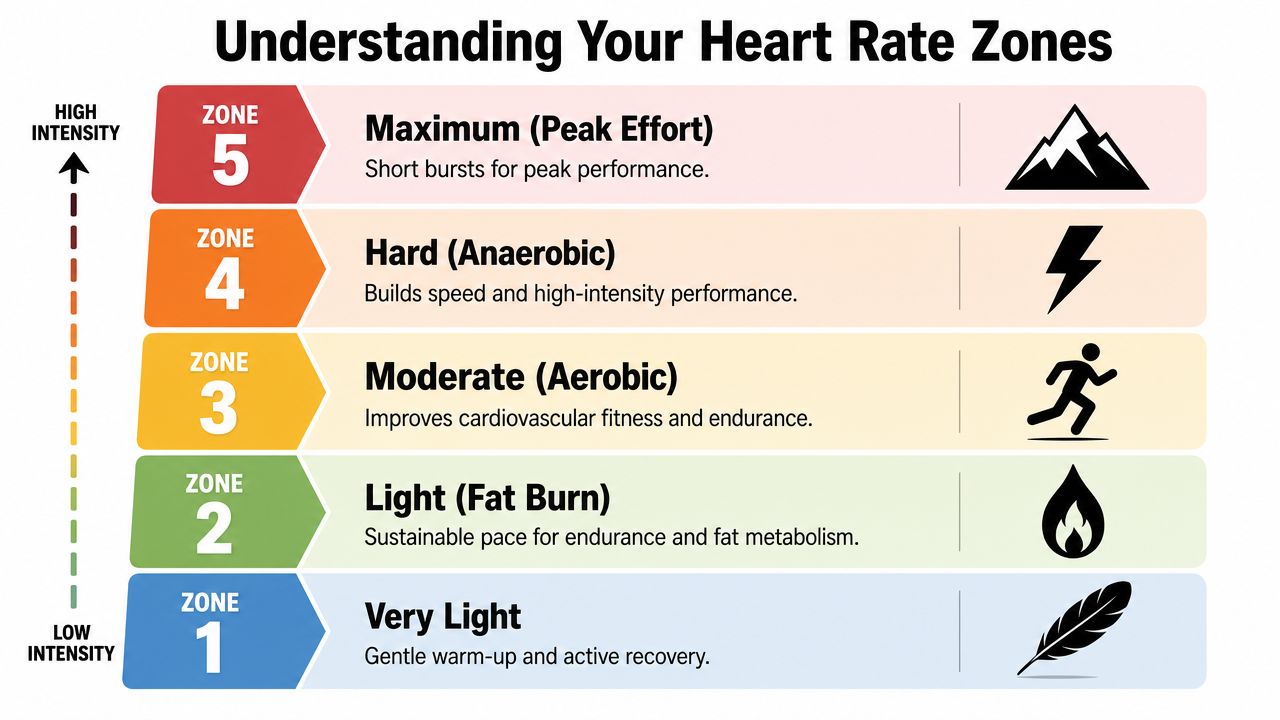 A chart illustrating five heart rate zones ranging from very light activity to maximum peak effort intensity.