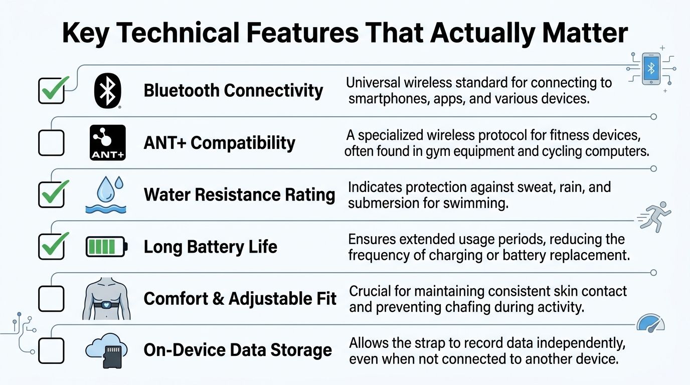 A checklist infographic outlining six essential technical features to consider when buying a heart rate monitor.