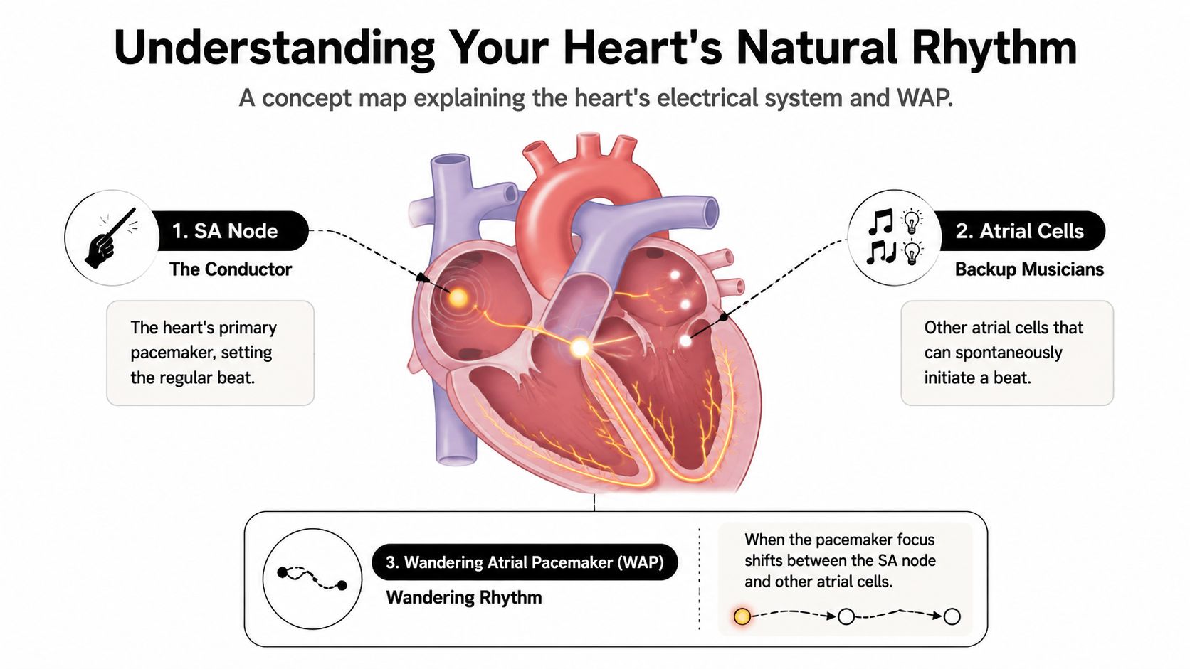 A diagram illustrating the heart's electrical system, showing the SA node and atrial cells functioning as pacemakers.