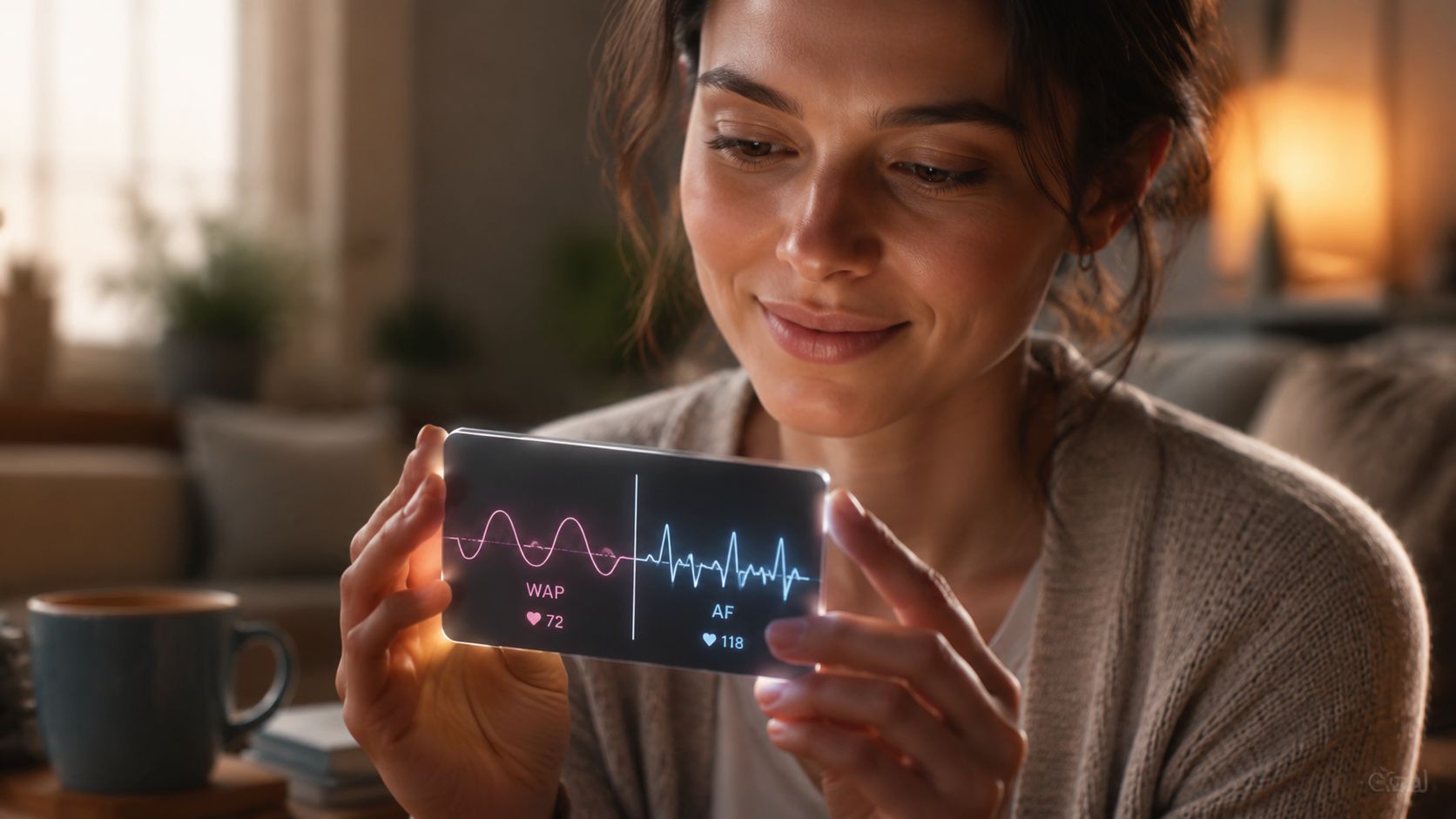 A woman holding a glowing digital device displaying heart rate readings for WAP and AF conditions.