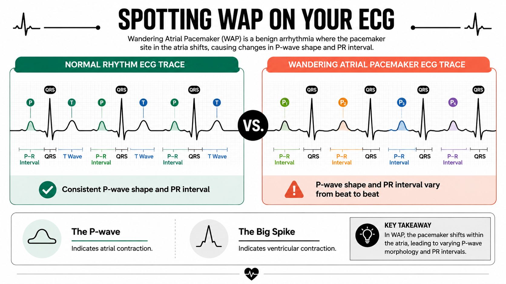 A diagram comparing a normal heart rhythm ECG trace with one showing a wandering atrial pacemaker.