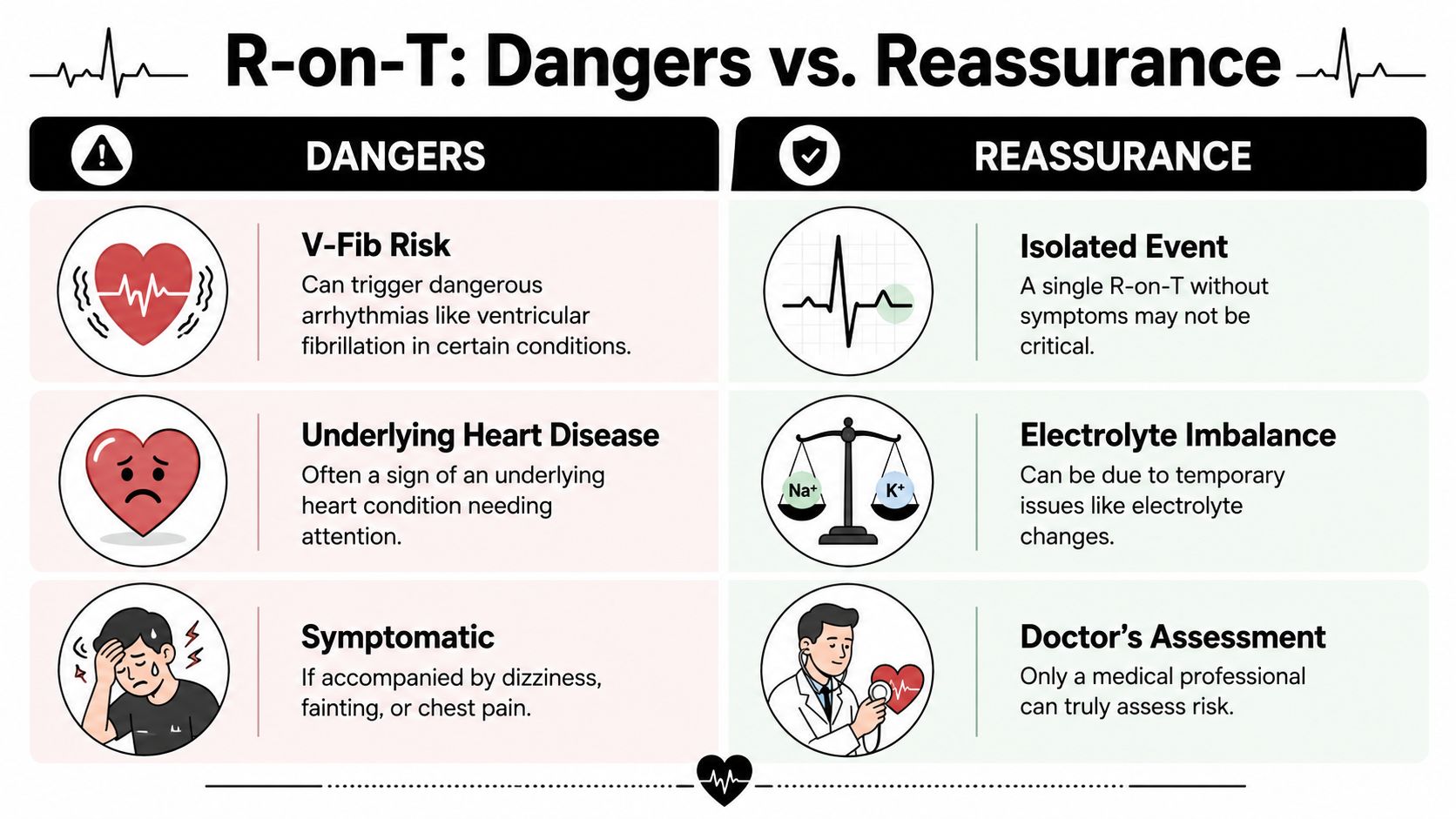 An infographic titled R-on-T: Dangers vs. Reassurance comparing potential medical risks against factors for clinical reassurance.