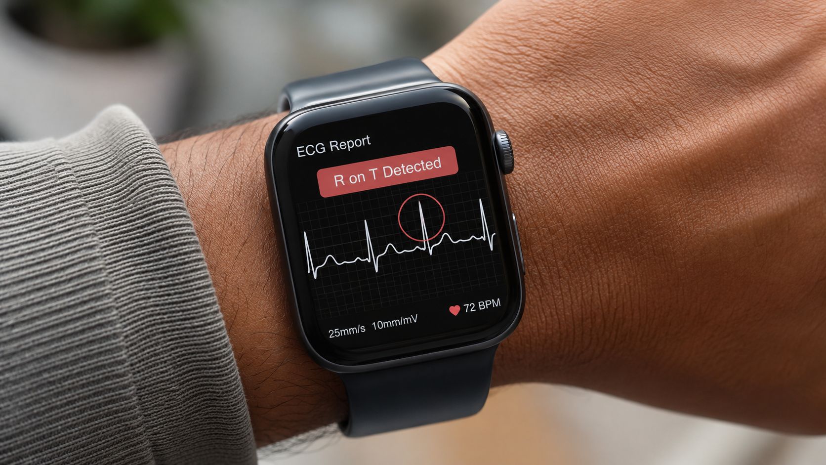 A close-up view of a smartwatch on a person's wrist displaying an R on T ECG alert.