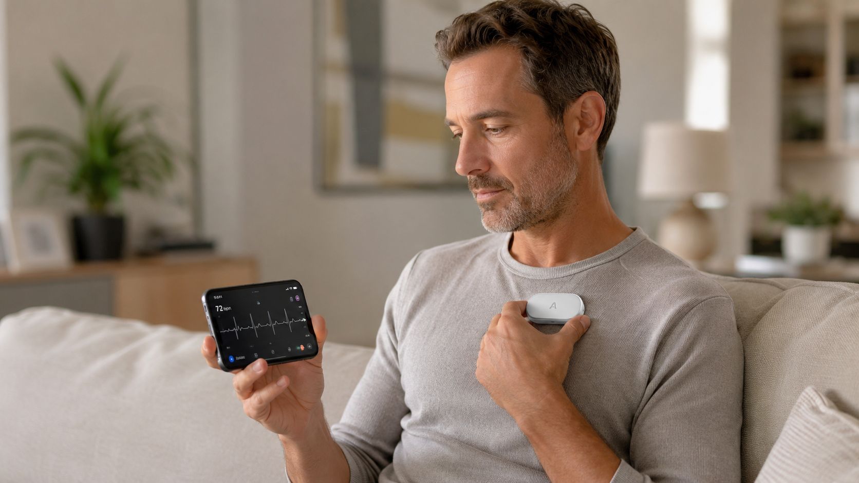 A man sitting on a sofa using a home ECG monitor device to track his heart health.