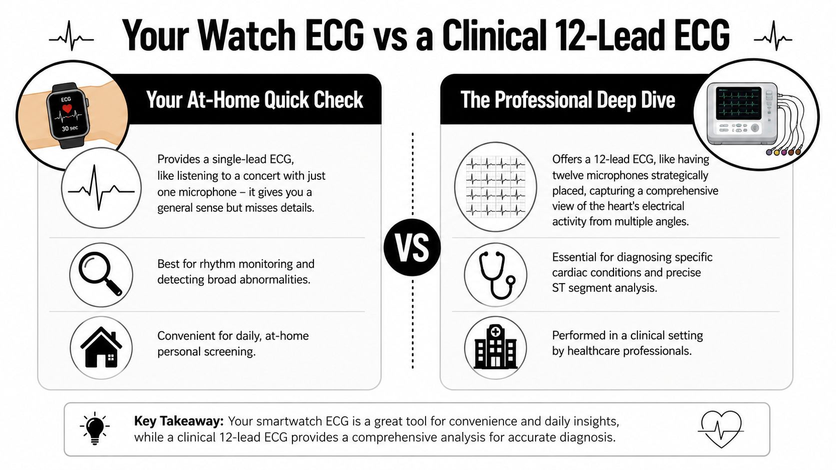 An infographic comparing a smartwatch single-lead ECG with a clinical 12-lead ECG for heart health monitoring.