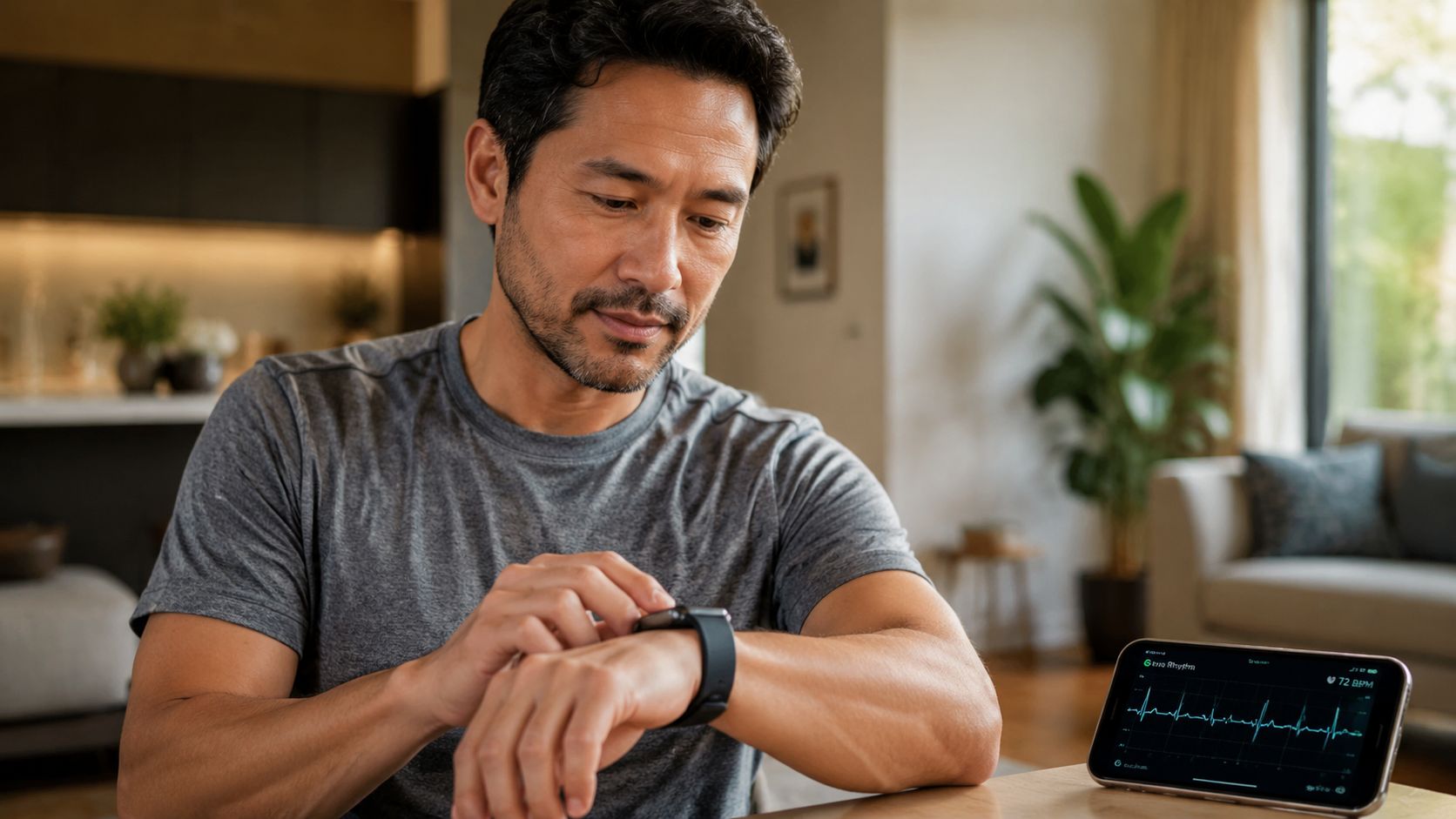 A man monitoring his heart health using a wearable smartwatch and a smartphone showing an EKG rhythm.