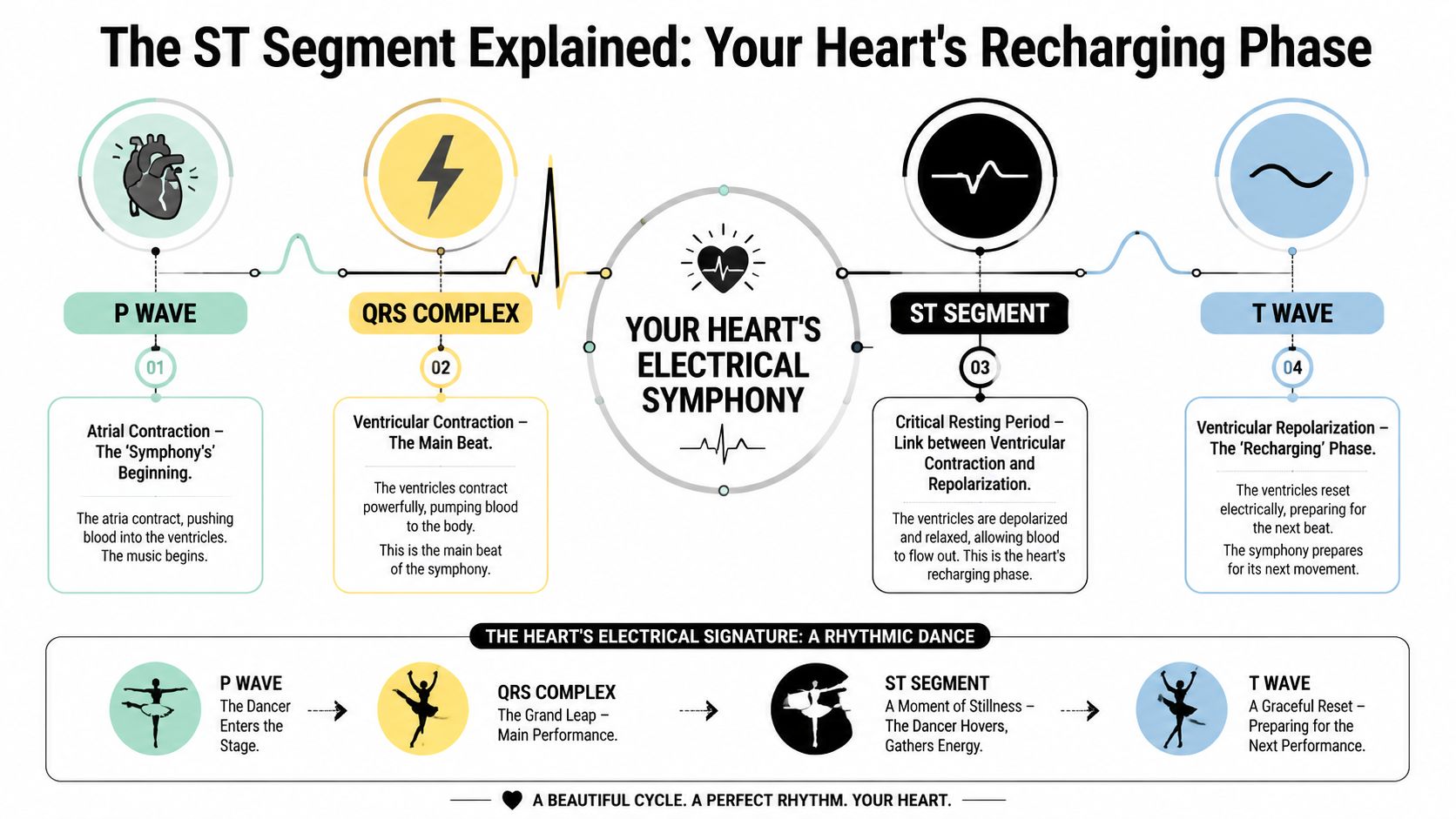An infographic titled The ST Segment Explained illustrating the heart's electrical cycle stages using dance metaphors.