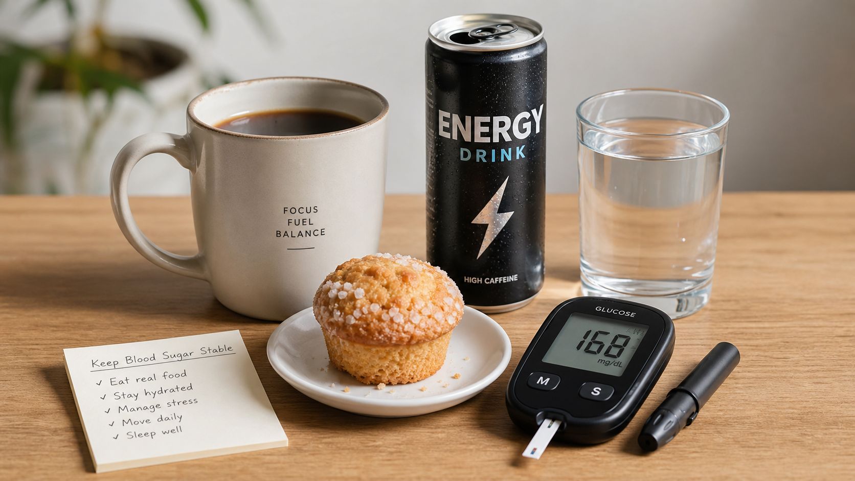 A breakfast setting with an energy drink, a muffin, and a blood glucose monitor displaying 168 mg/dL.