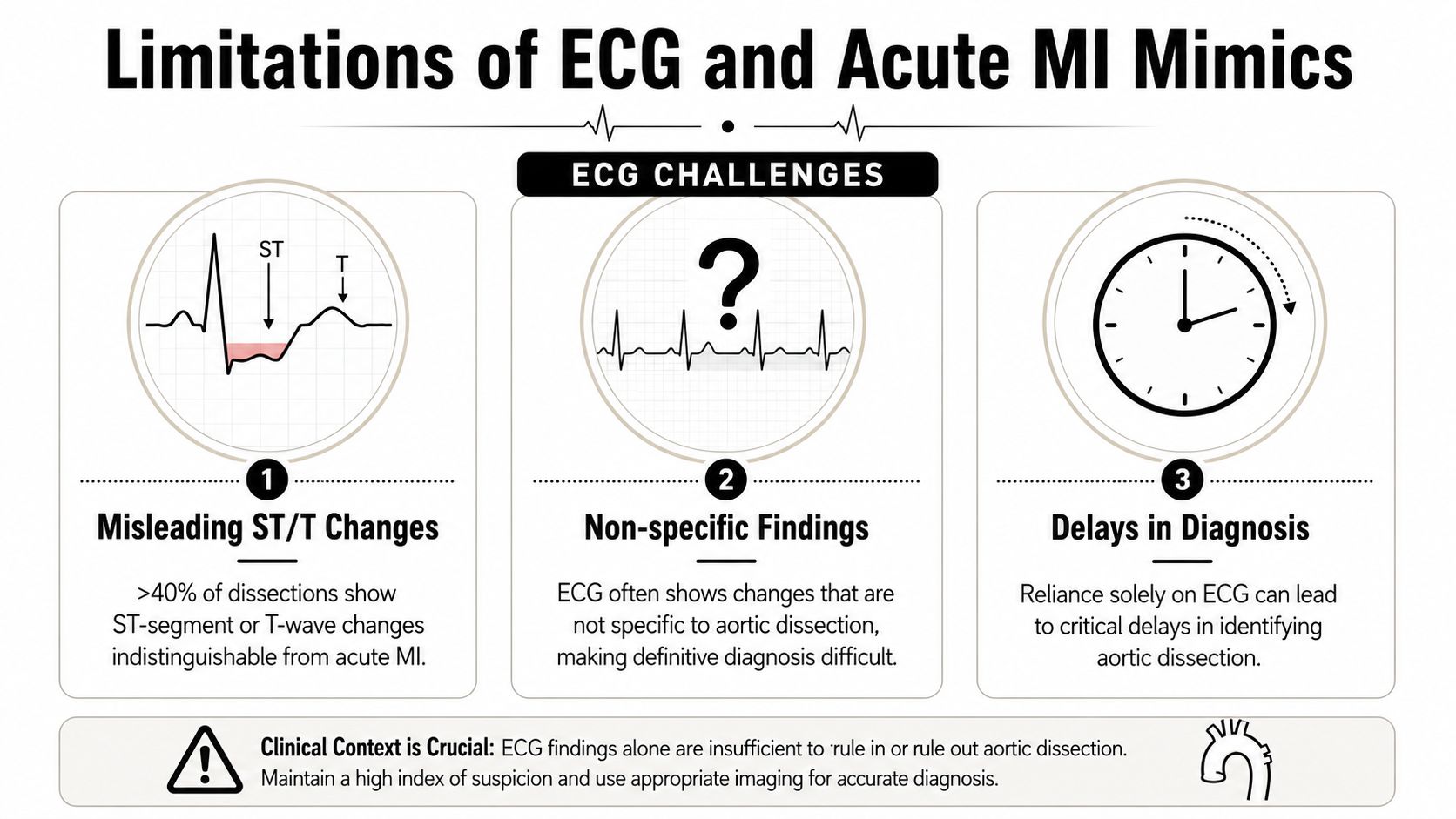 An infographic detailing the diagnostic limitations of ECGs in identifying aortic dissection due to misleading findings.