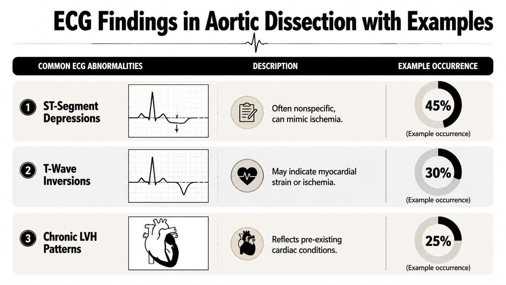 An infographic showing common ECG abnormalities associated with aortic dissection, including ST-segment depressions, T-wave inversions, and LVH.