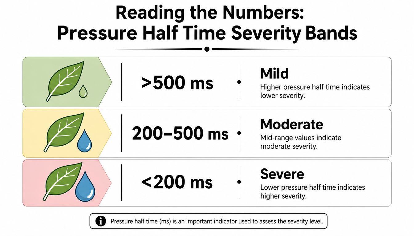 A chart showing pressure half time severity bands for diagnosing aortic regurgitation, ranging from mild to severe.