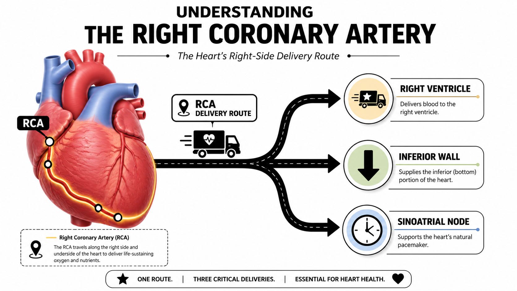 An educational infographic illustrating the Right Coronary Artery's pathway and its critical roles in heart health.