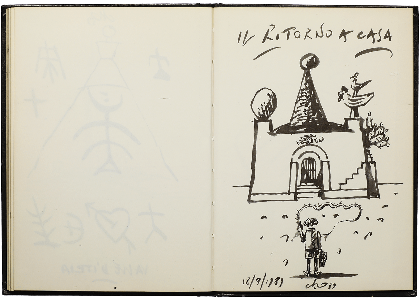 taccuino con disegno di un uomo che rientra a casa