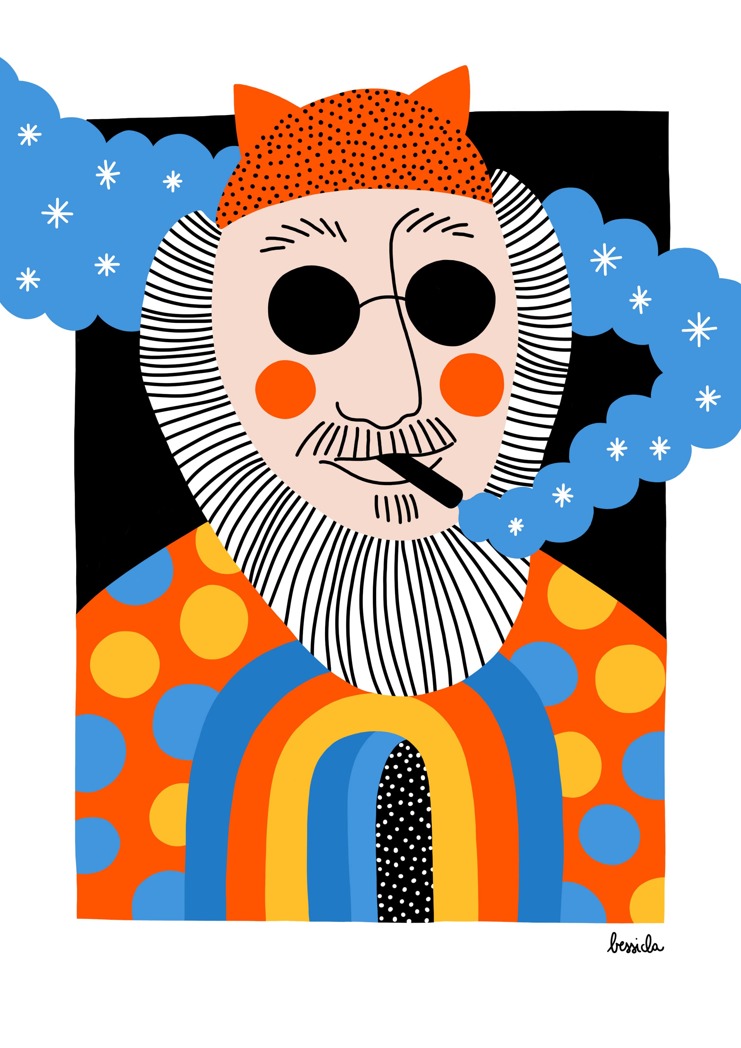 Illustrazione di un uomo arcobaleno, con sigaro, occhiali e orecchie da gatto