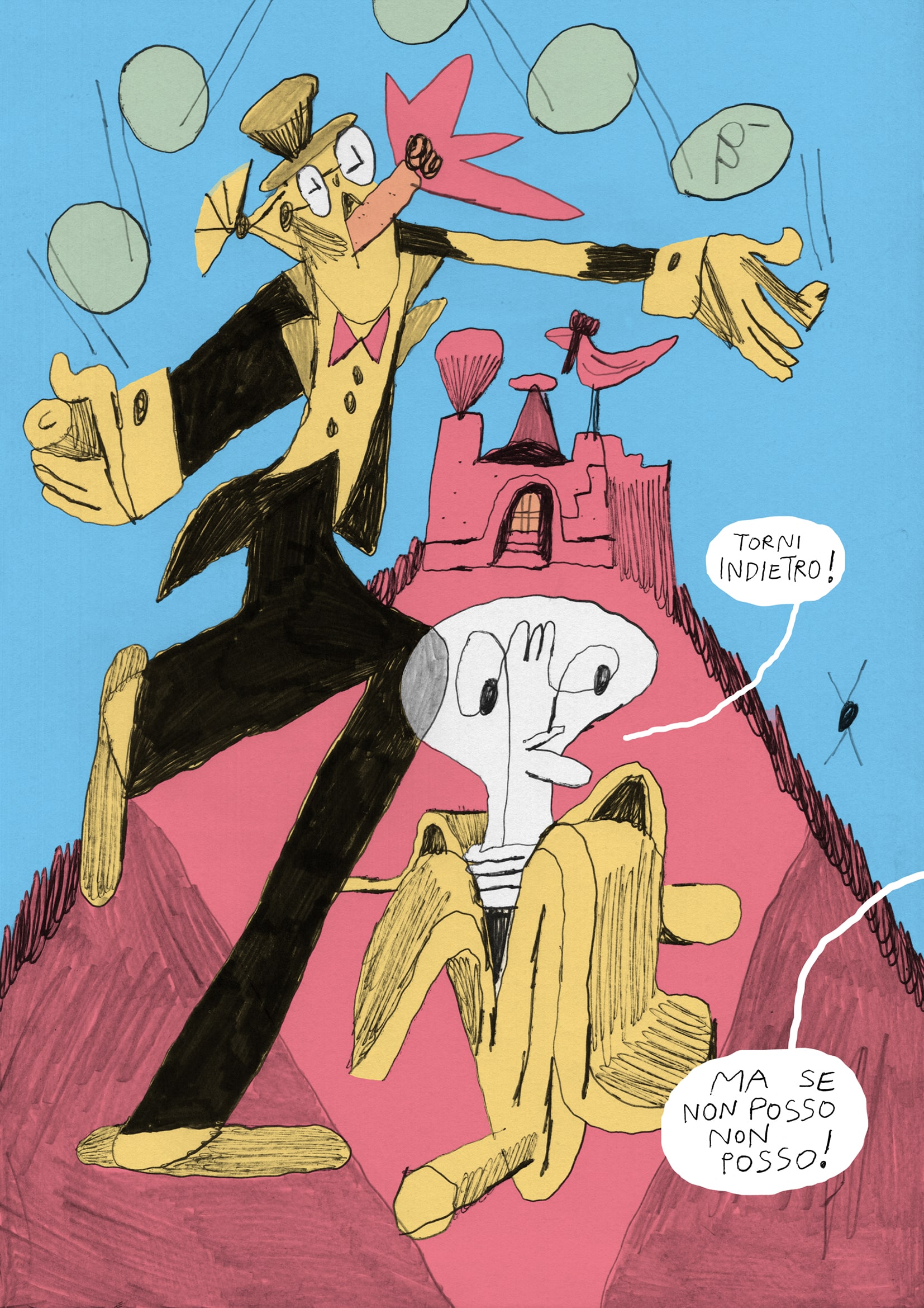 Un uomo fa il giocoliere e una lampadina dentro una banana parla