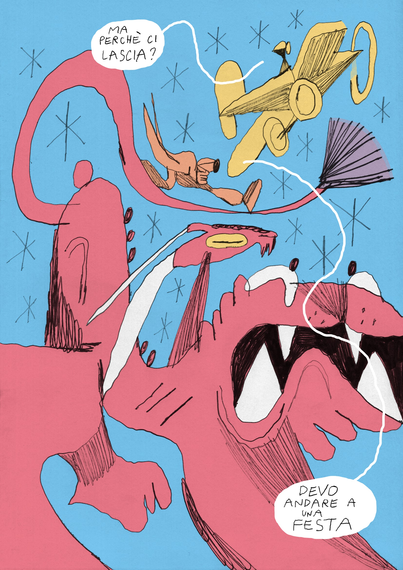 Un gatto rosa, un aeroplano giallo e una figura che corre