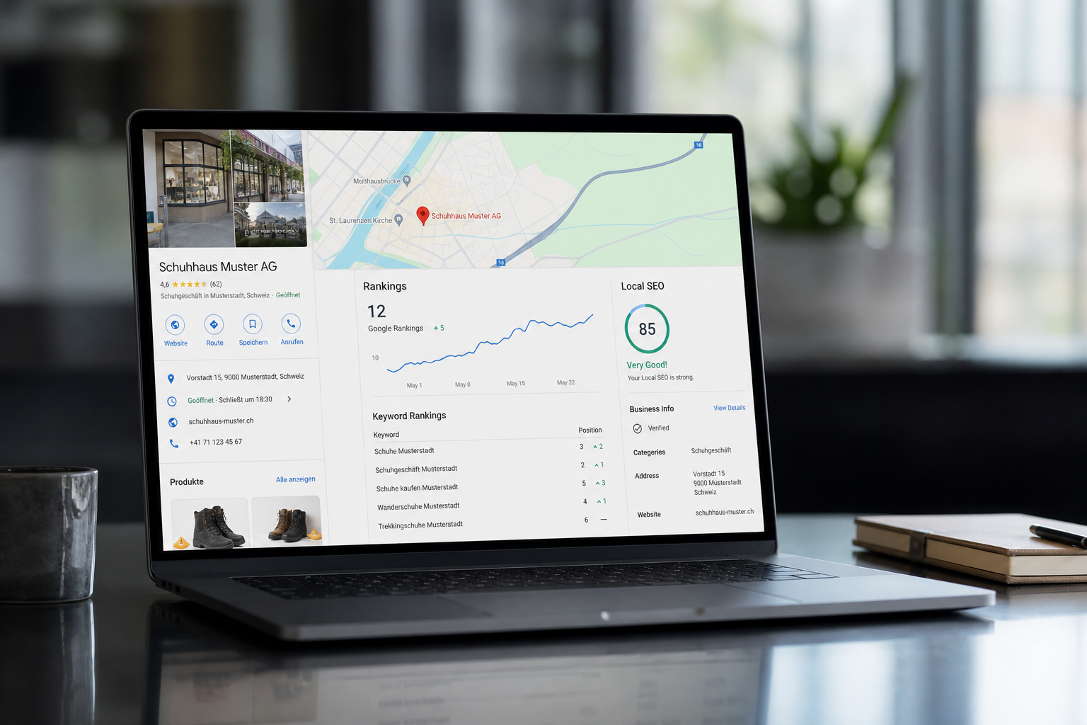 Carte Google et analytics SEO local sur ordinateur — présence locale artisans et commerces