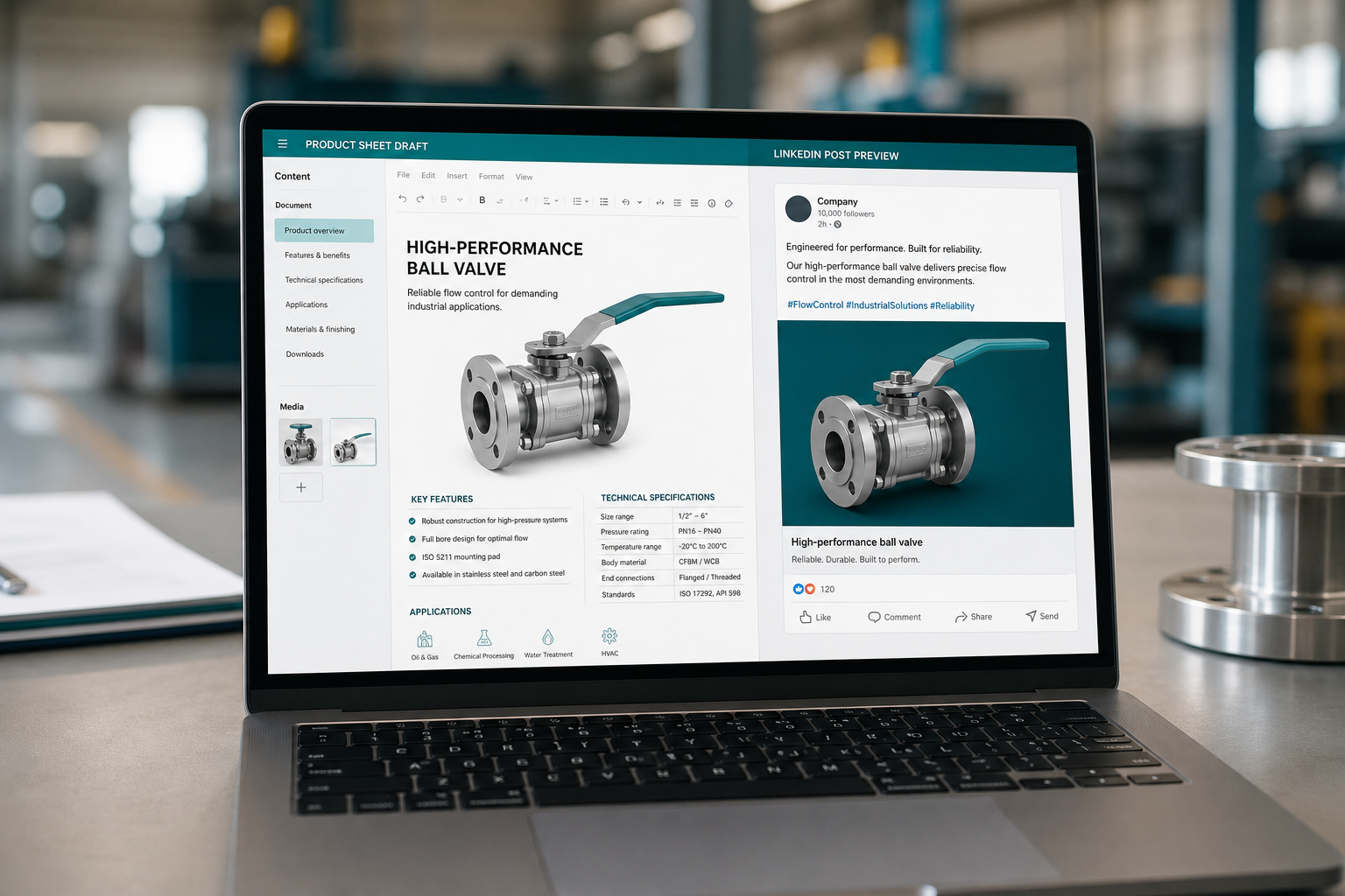 Fiche produit et contenu marketing IA sur ordinateur — PME industrielles