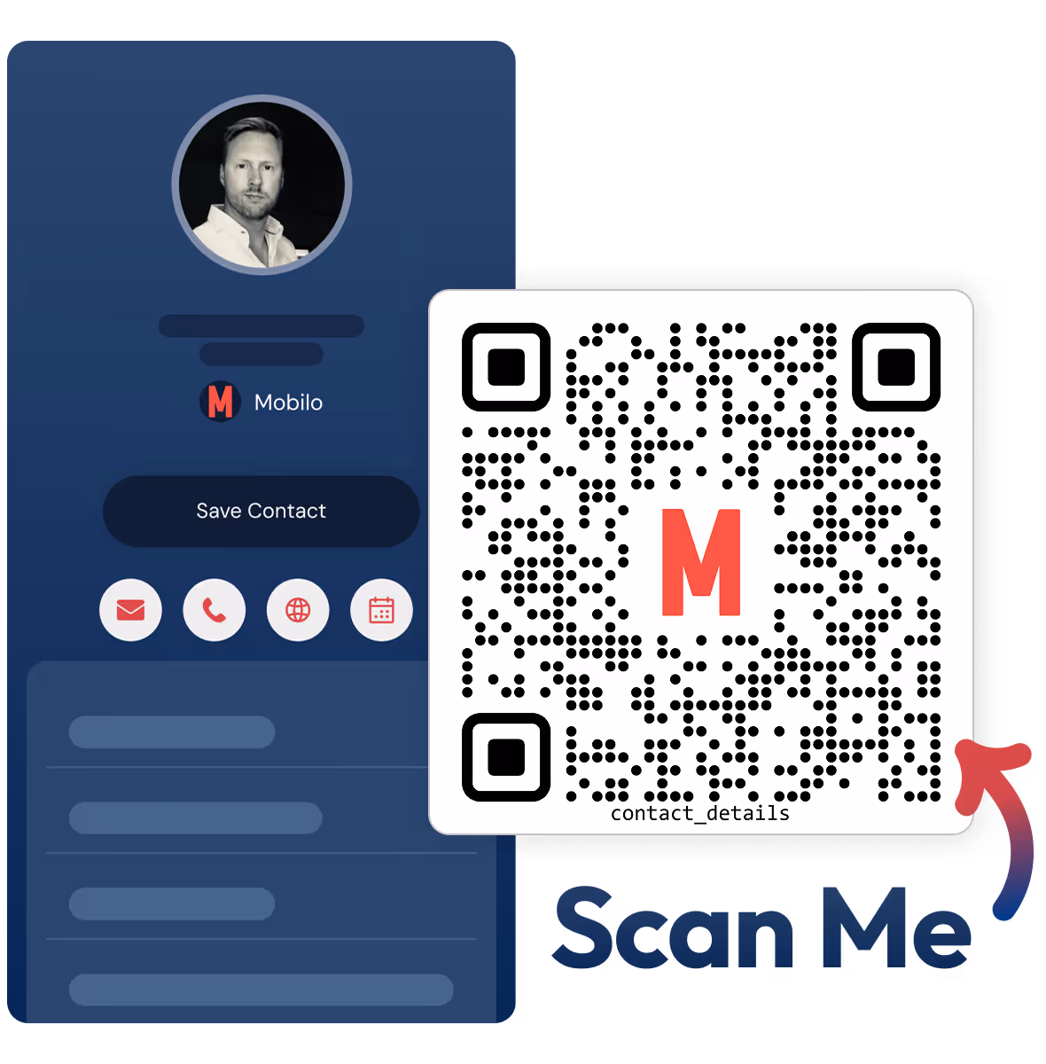 Digital business card with a man's photo, contact icons, save contact button, and a QR code labeled 'M' with instruction to scan.