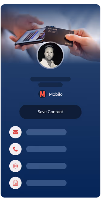 Mobile contact card interface showing a profile photo, name Alex Scott, company Mobilo, with icons for email, phone, website, and calendar, and a Save Contact button.
