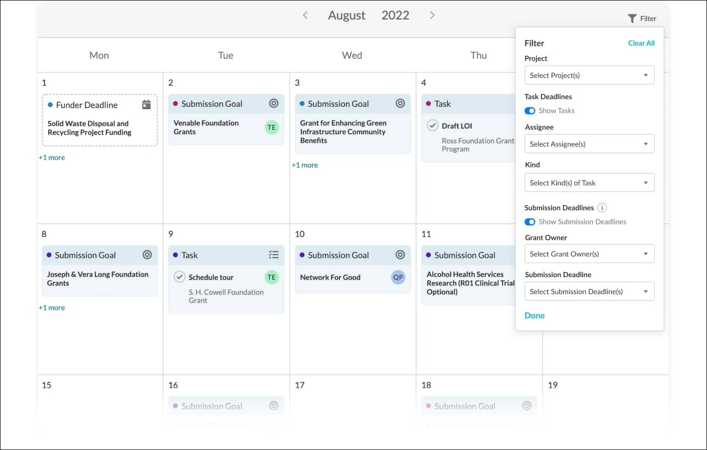 Instrumentl's customizable and shareable calendars