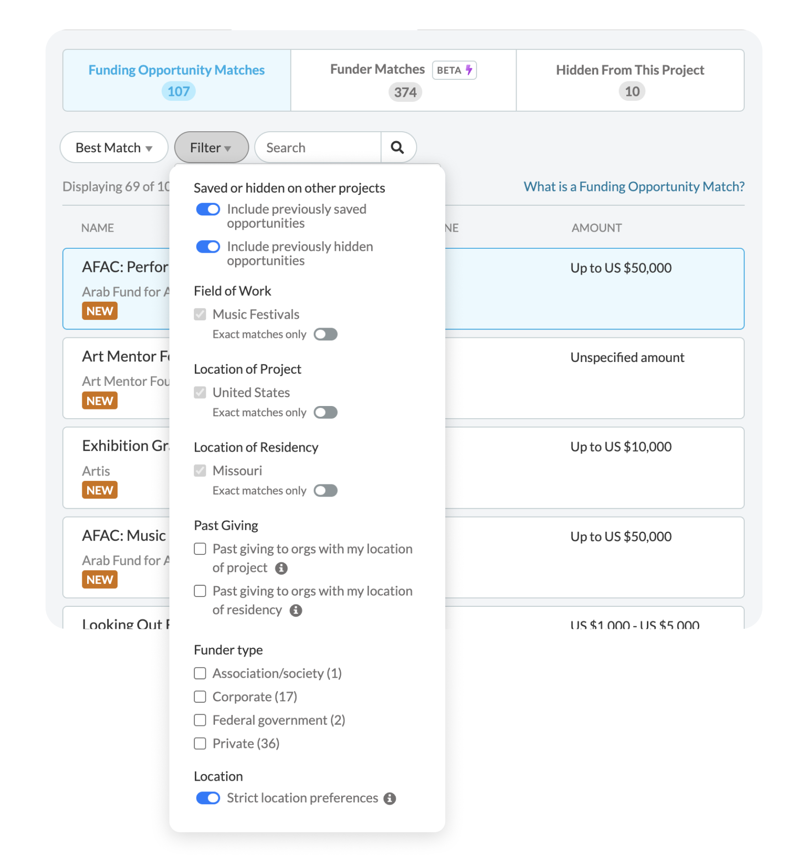 Filters will narrow down what kinds of grants and funders you want to see