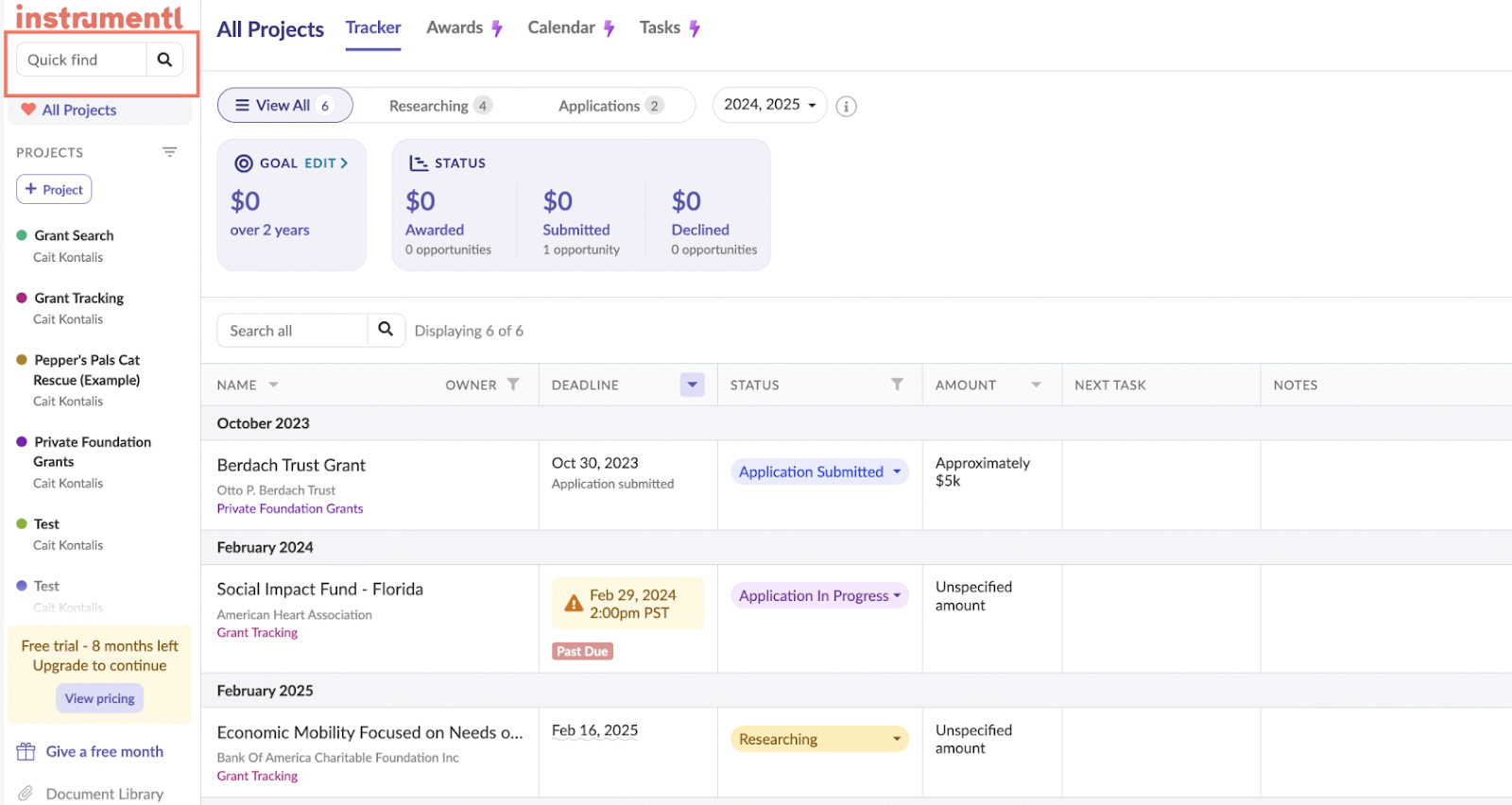 Instrumentl’s dashboard with the “Quick find” feature highlighted