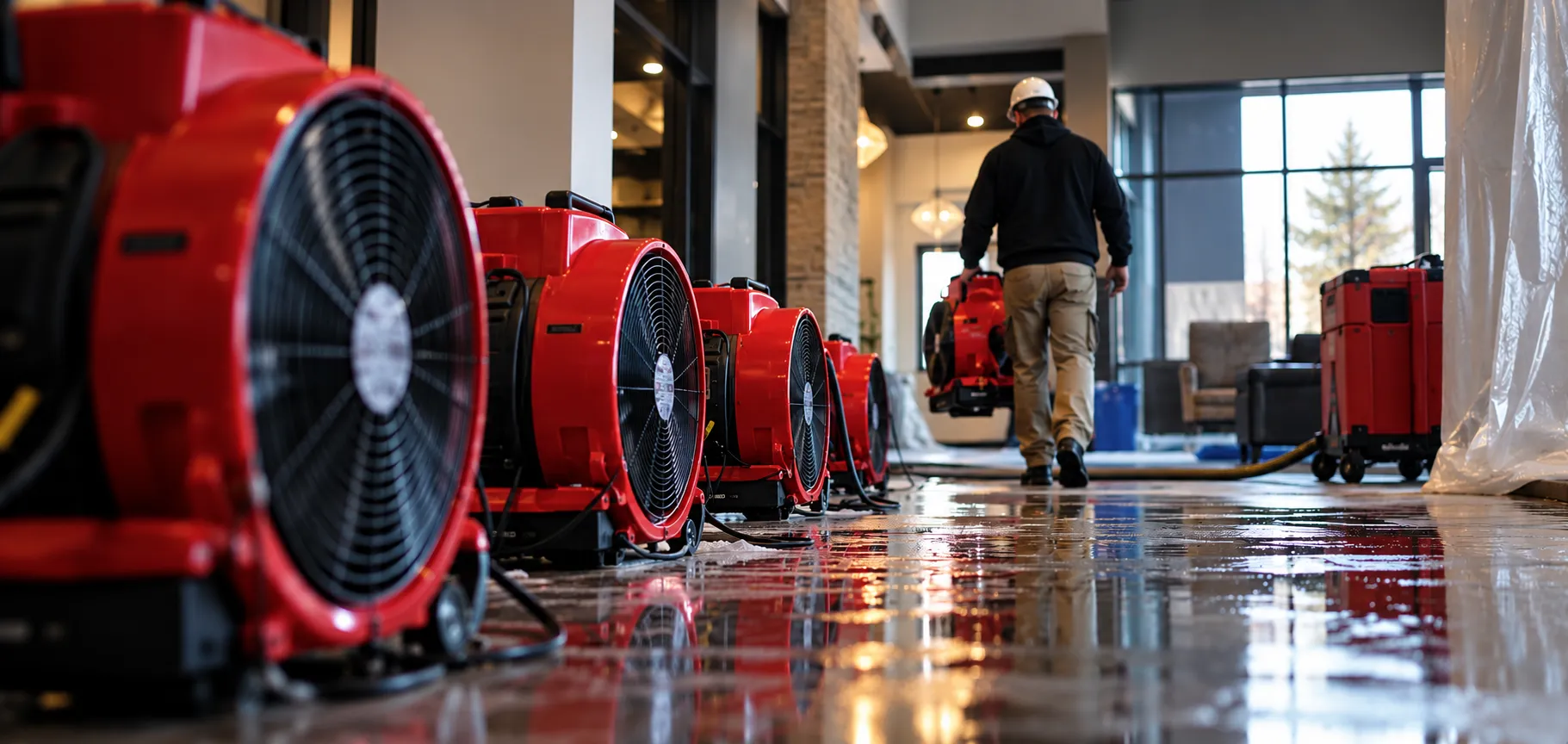 A row of red industrial fans placed on a wet floor inside a building, with a worker wearing a white hard hat and carrying a smaller fan in the background.