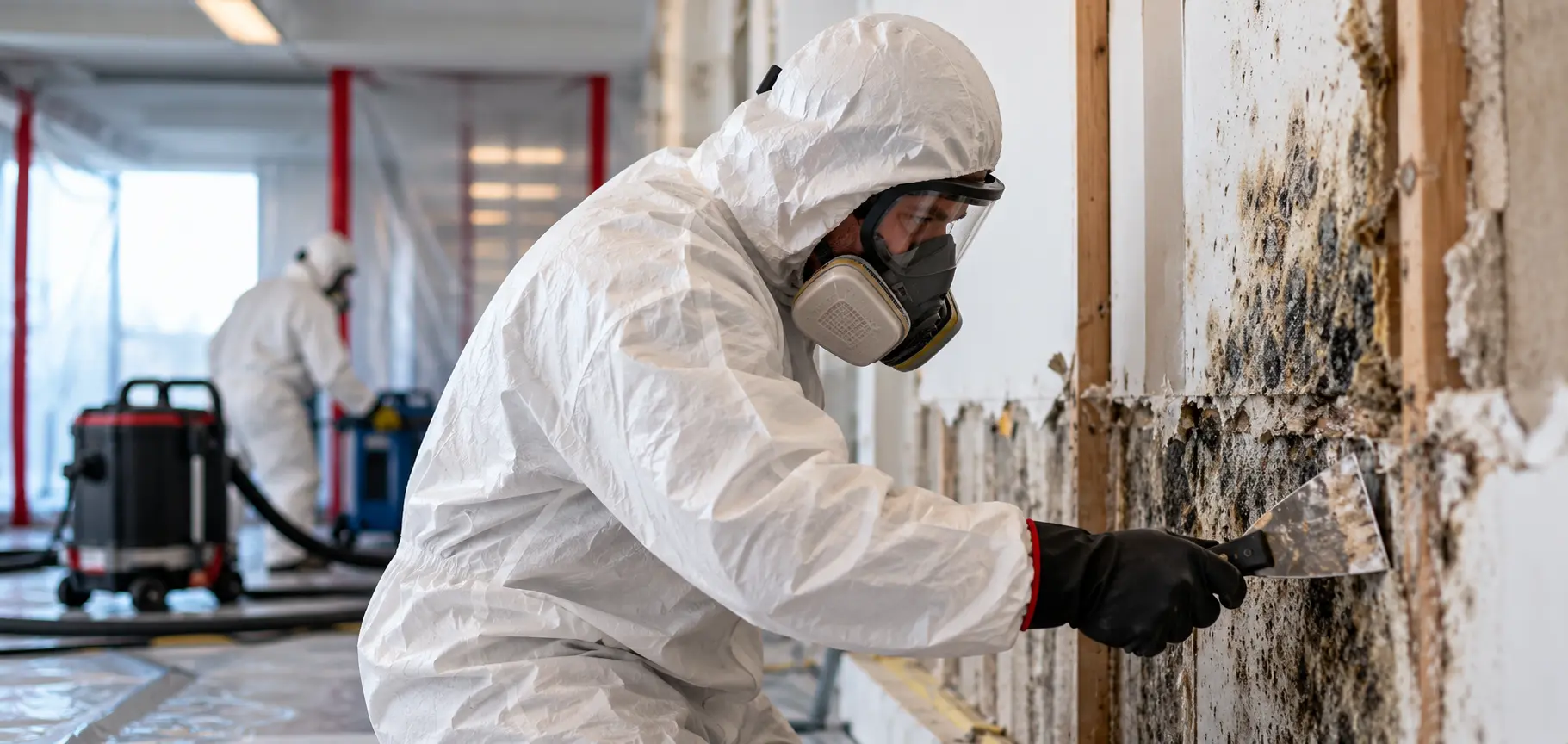 Two workers in protective white suits and respirator masks removing mold from a wall in an indoor space using scraping tools and vacuum equipment.
