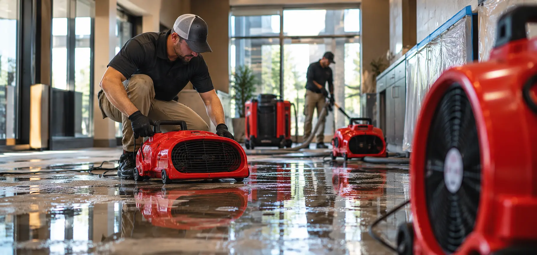 Two workers in black shirts and beige pants using red carpet drying machines to dry a wet floor inside a large room with glass doors and windows.