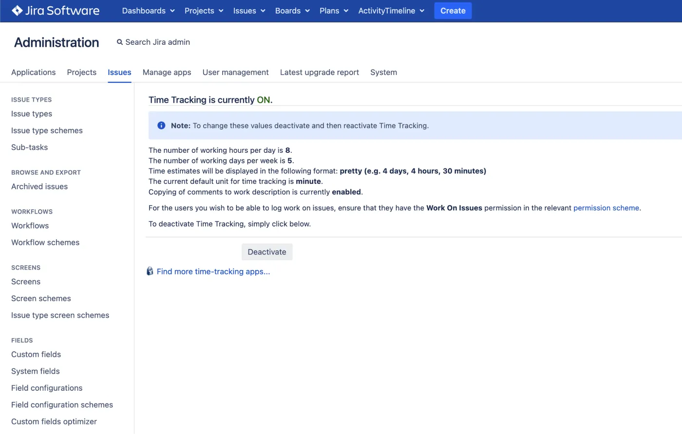 Time Tracking Enabled in Jira Server