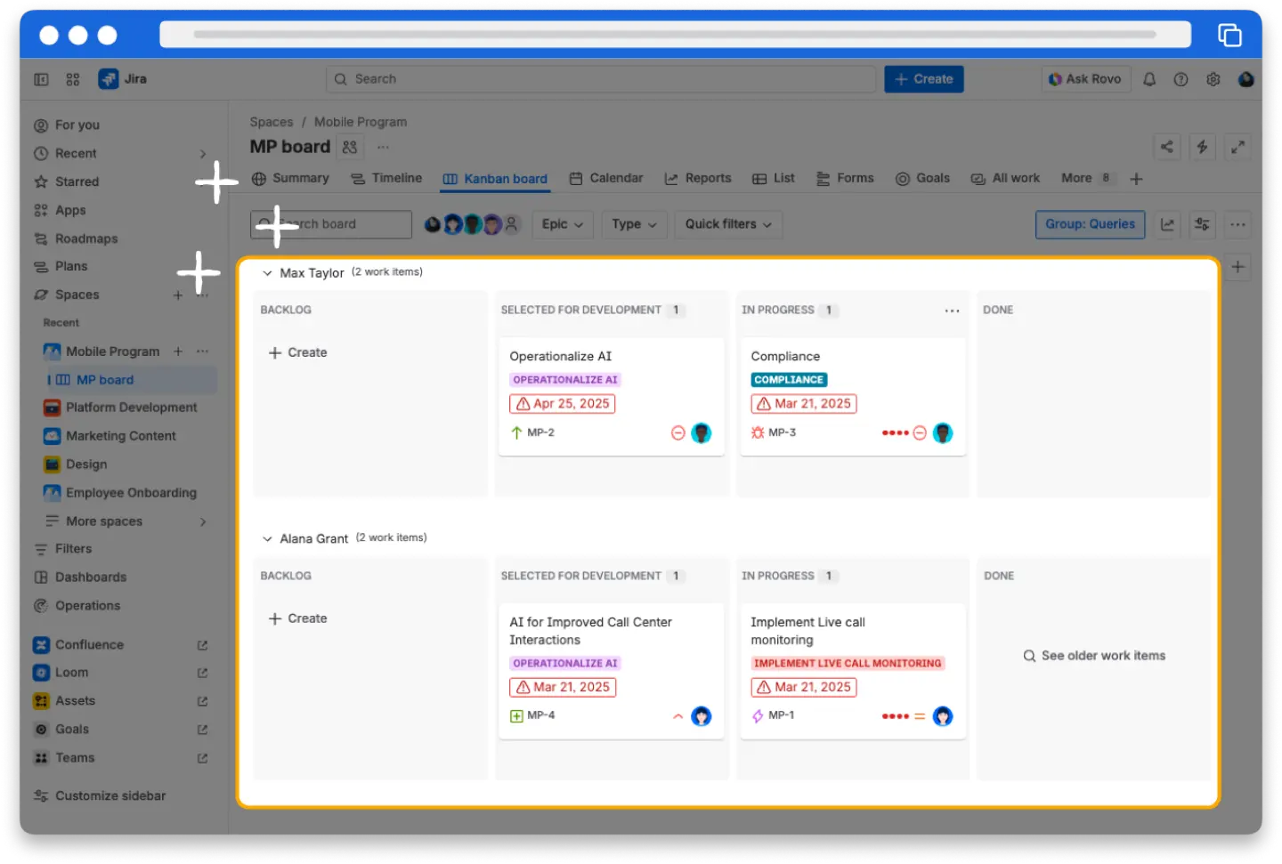 Assignee swimlanes on a Jira board