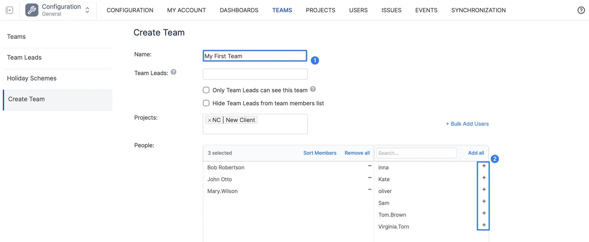 The "Create New Team" dialog for a classic team, with name, team lead and the drag-and-drop user list visible. 