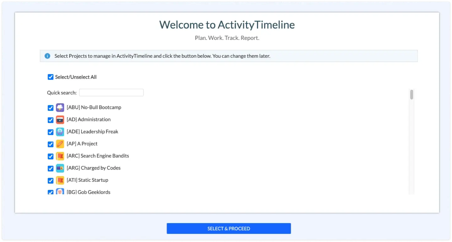 Screenshot of the Setup Wizard project selection screen with the "Select & Proceed" button visible.