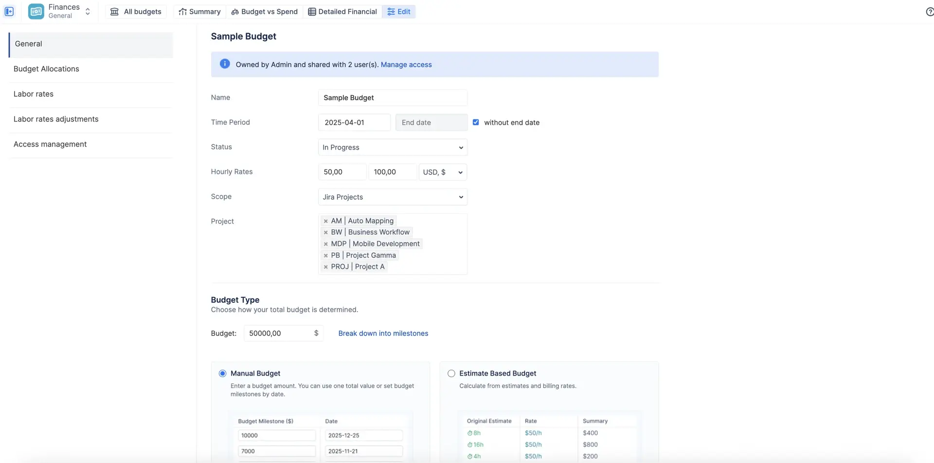 One Budget overview screen showing planned vs actual spend on a single project.