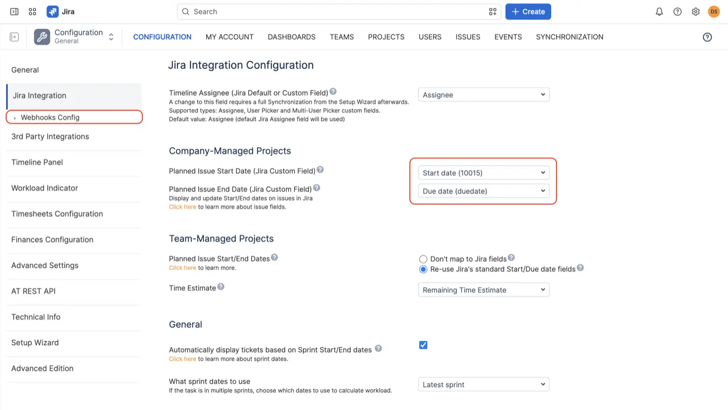 Screenshot of Configuration → Jira Integration with the Start/End date mapping highlighted, and a callout box on the Webhooks section. One image, two callouts.