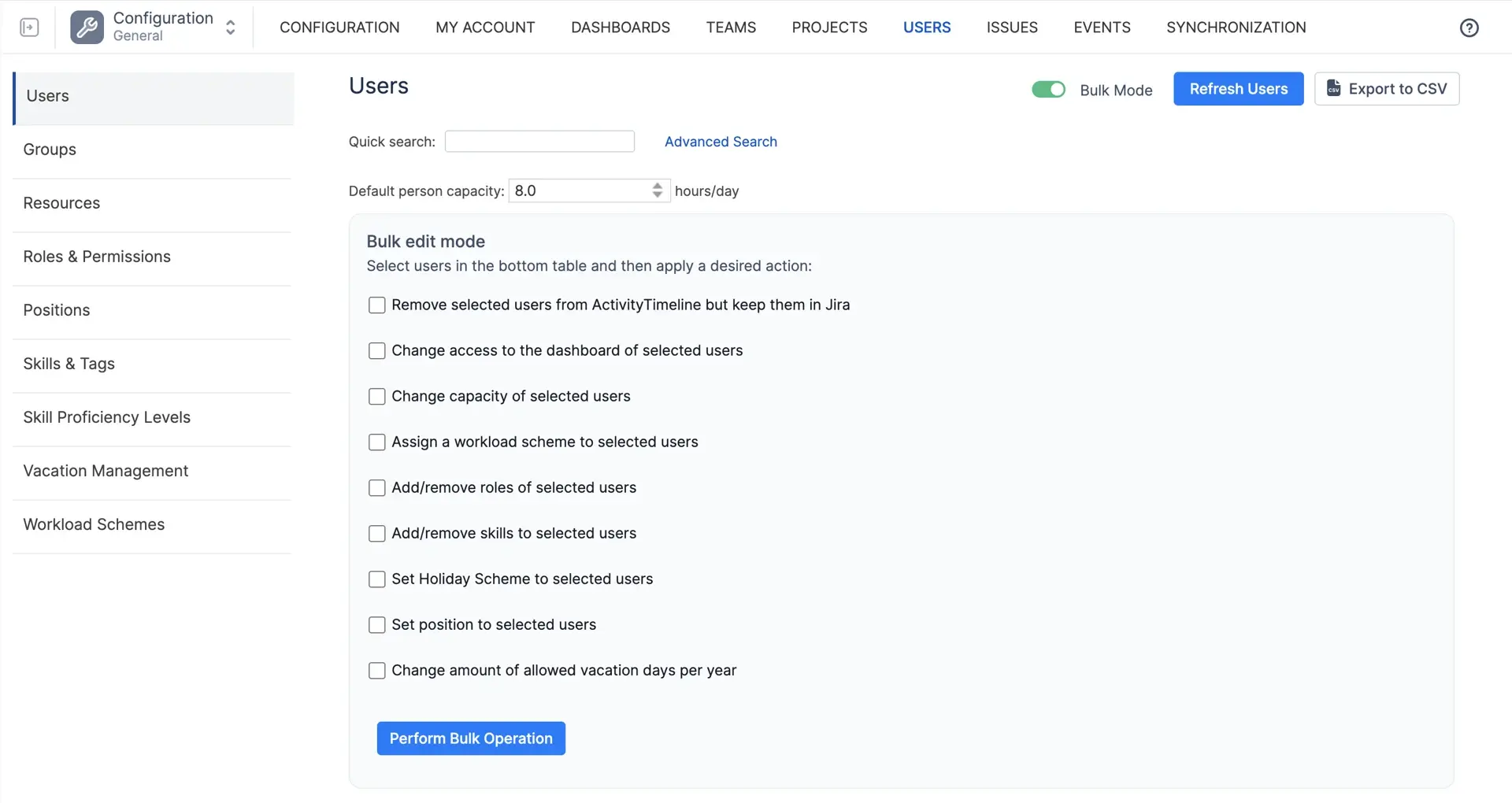 Screenshot of the Users page with Bulk Mode switched on and several users selected.