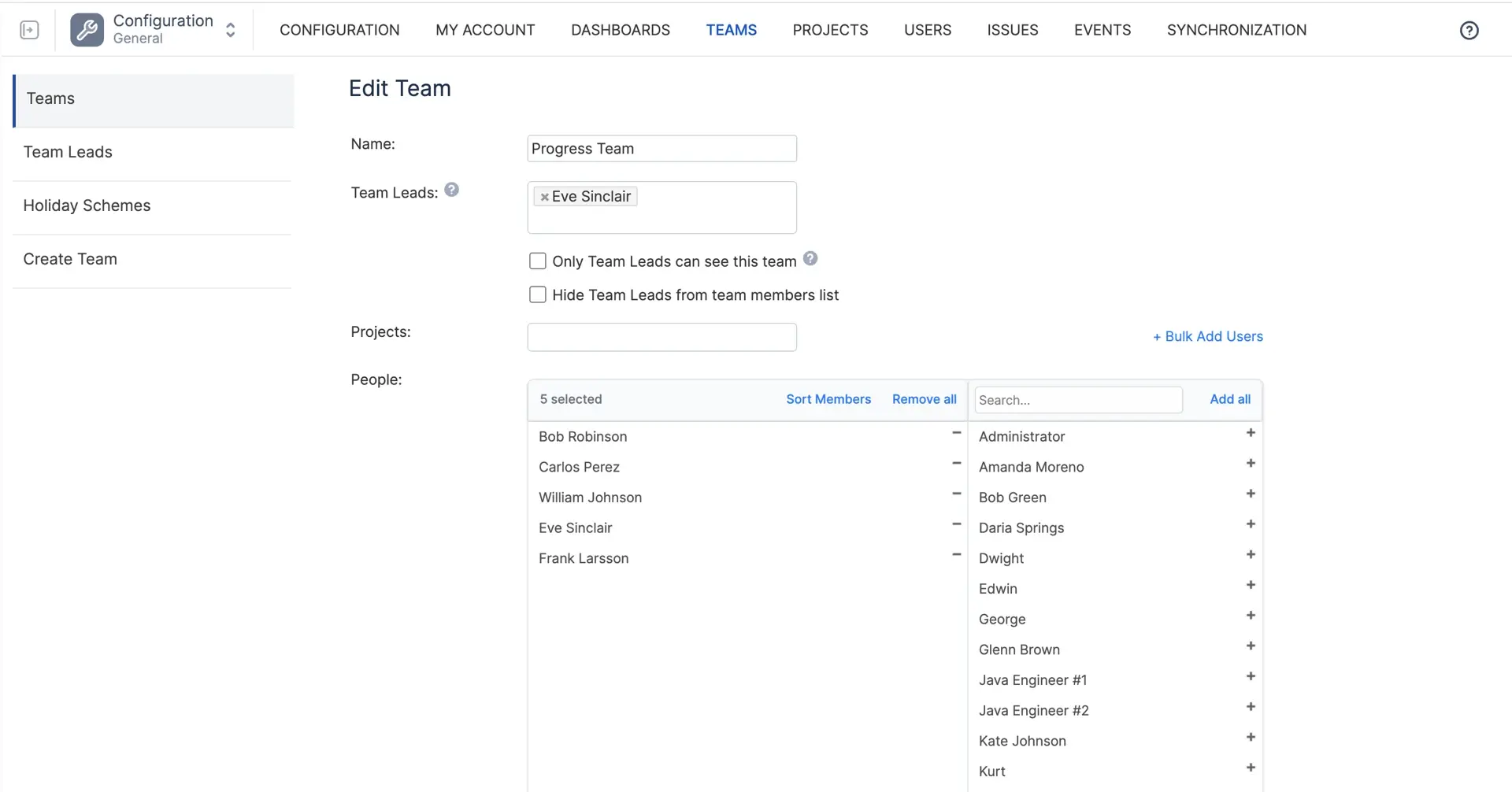 The Edit Team dialog for a classic team, member list visible with the drag handles for reordering, and the setting that lets a team lead manage members switched on