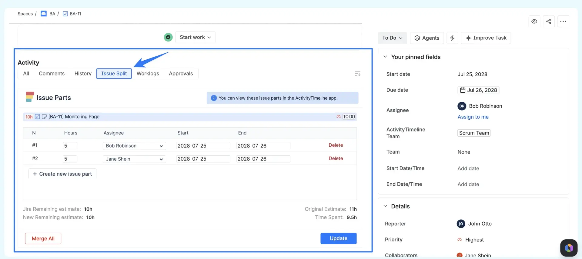 Issue Split panel in Jira issues