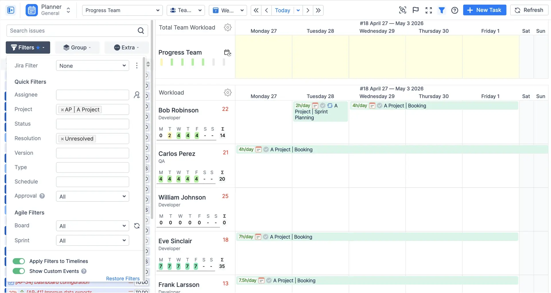 The Planner with the issue panel open on the left. A filter applied.