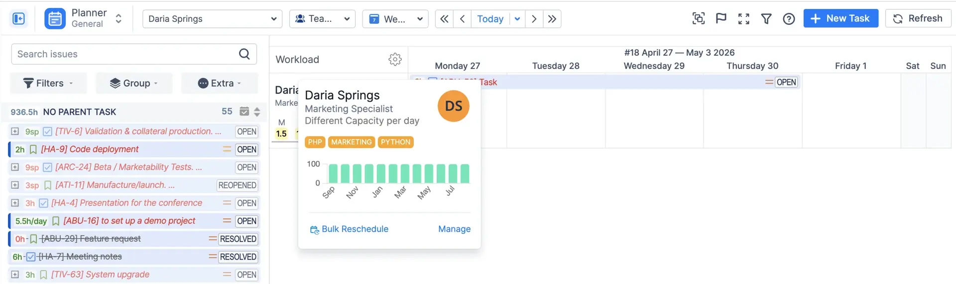 aThe user card as it opens from the Planner for the same person as on image before.