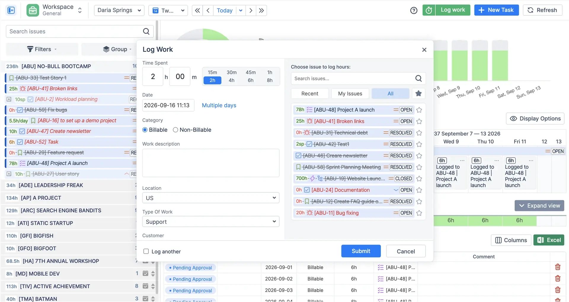 The Log Work dialog with the Favorites and Recent tabs visible, the time field filled in and a worklog category selected.