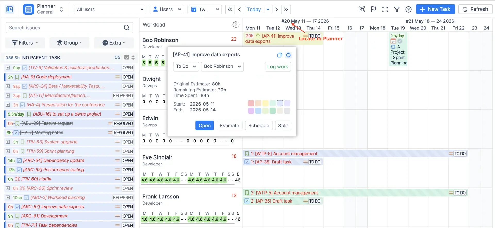 An issue card with the Locate in Planner icon highlighted 